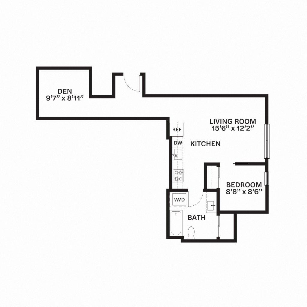 Floor plan for 1 bed, 1 bath, 724 sqft